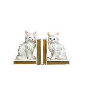 Vintage Lefton Persian White Cat Kitten Animal Blue Eyes Japan Ceramic Bookends